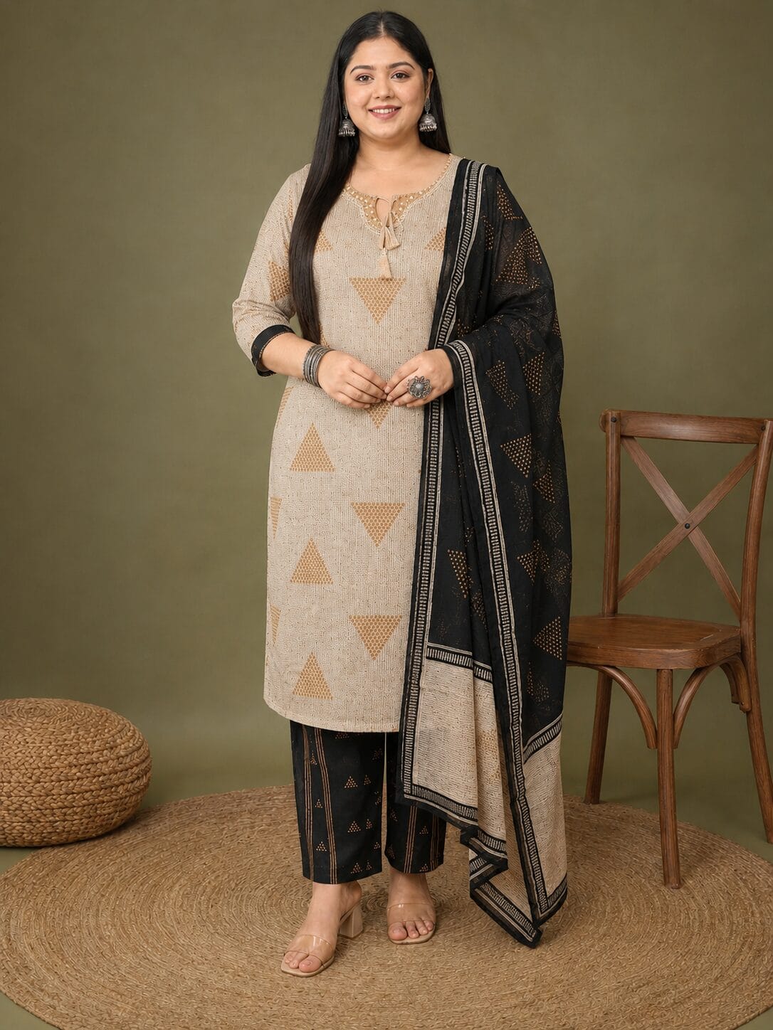 Beige And Black Block Printed Cotton Kurta Pant With Dupatta - Image 2