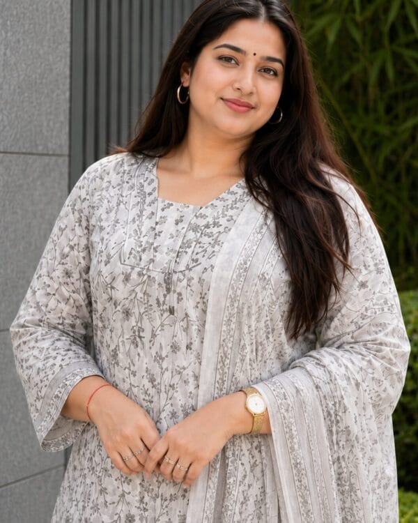White And Grey Floral Printed Cotton Kurta Pant With Dupatta