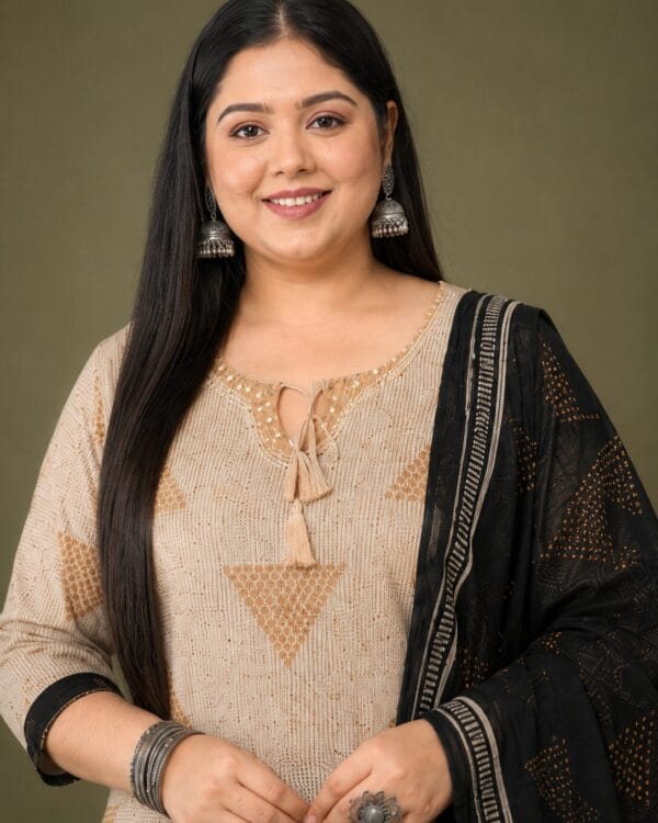 Beige And Black Block Printed Cotton Kurta Pant With Dupatta