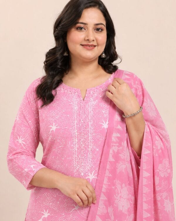 Pink Block Printed Cotton Kurta Pant With Dupatta