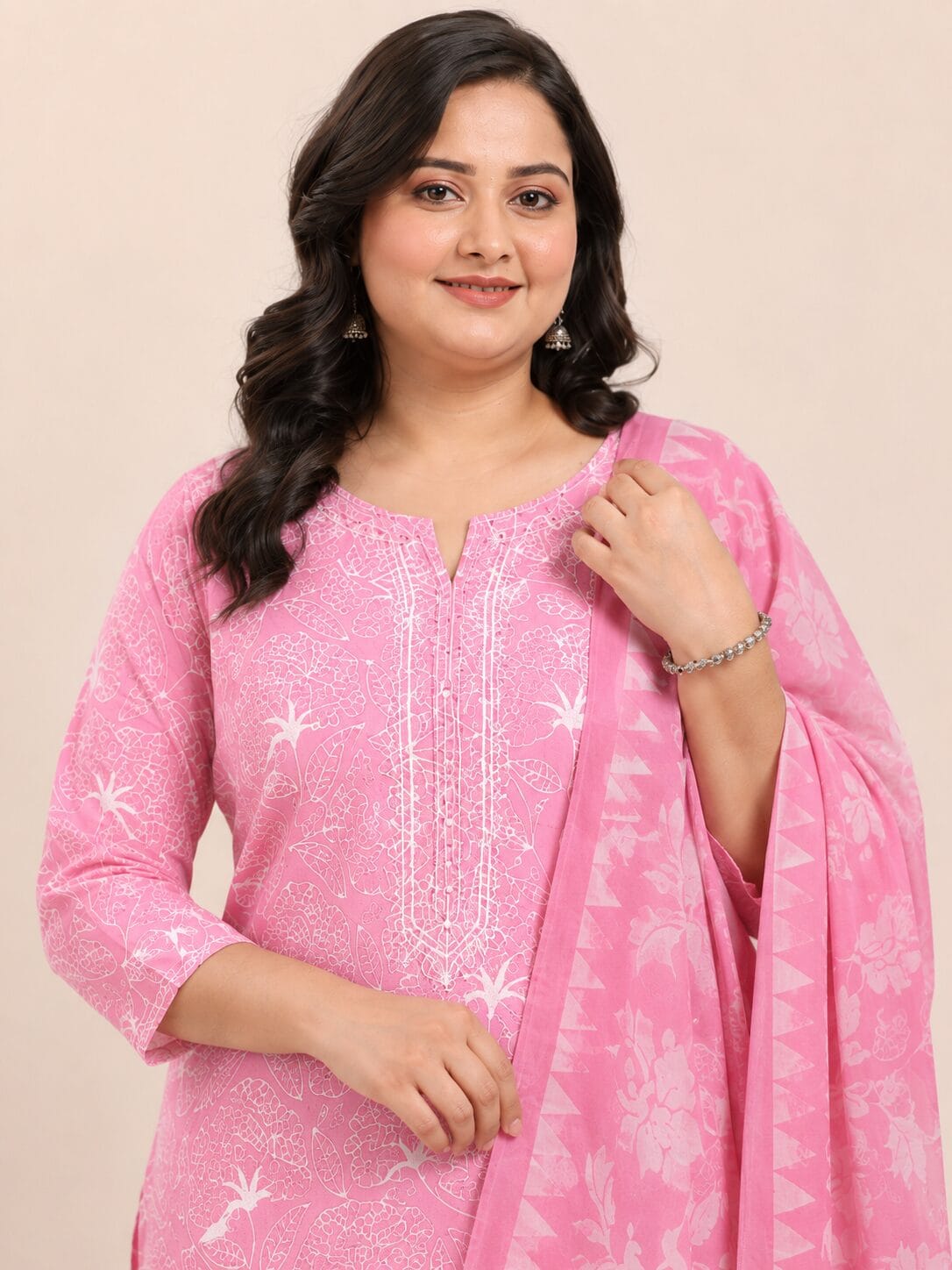 Pink Block Printed Cotton Kurta Pant With Dupatta