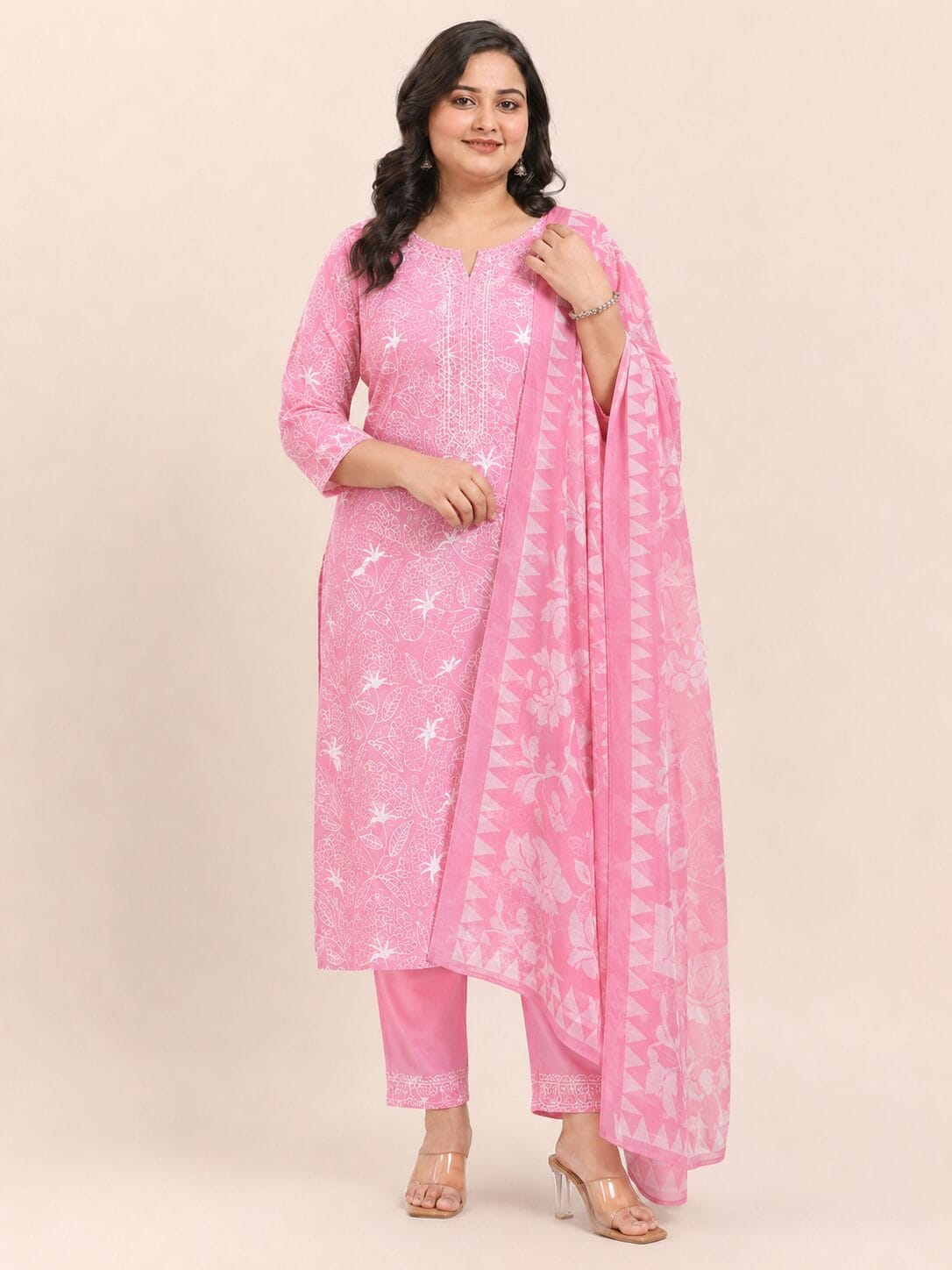 Pink Block Printed Cotton Kurta Pant With Dupatta - Image 2