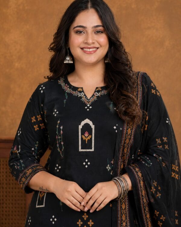 Black Printed Cotton Kurta Pant With Dupatta