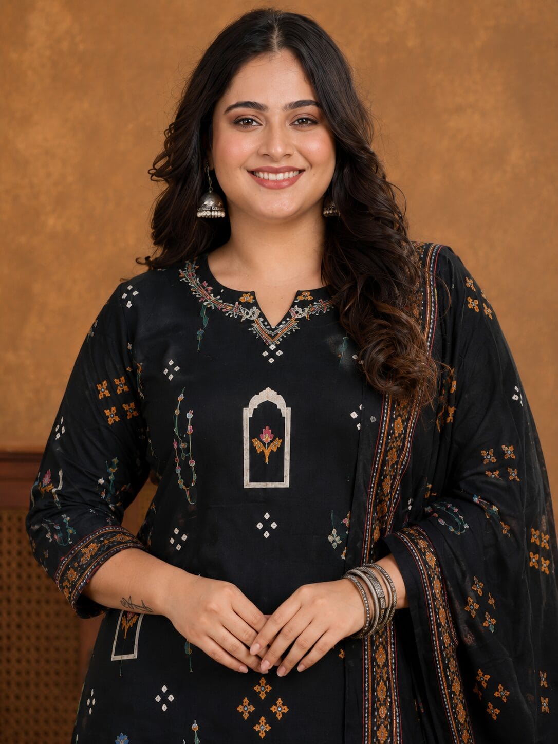 Black Printed Cotton Kurta Pant With Dupatta