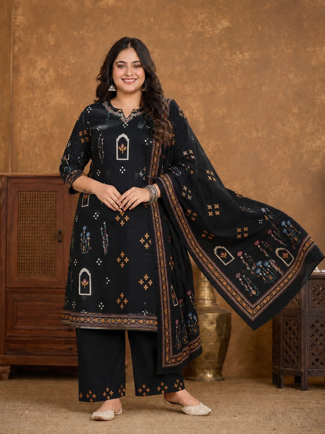 Black Printed Cotton Kurta Pant With Dupatta - Image 2