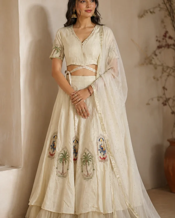 Ivory silk blend with embroidery lehenga choli set with net dupatta