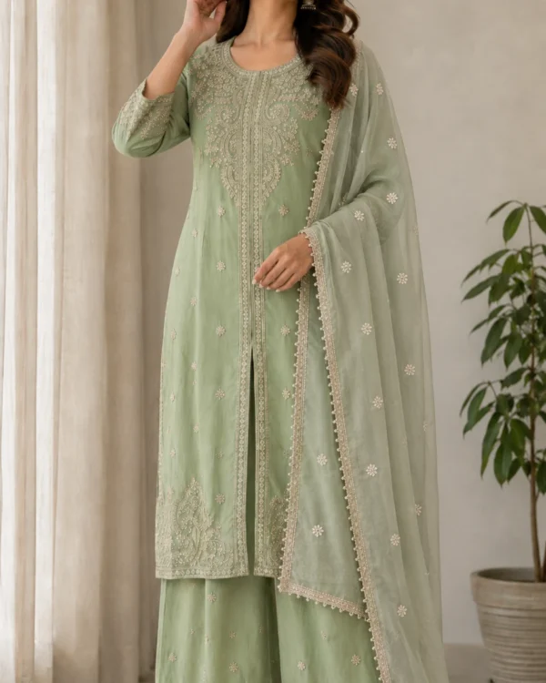 Pista Green Roman Silk embroidered kurta pant with dupatta