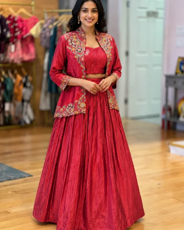 Red silk blend with embroidery jacket lehenga set