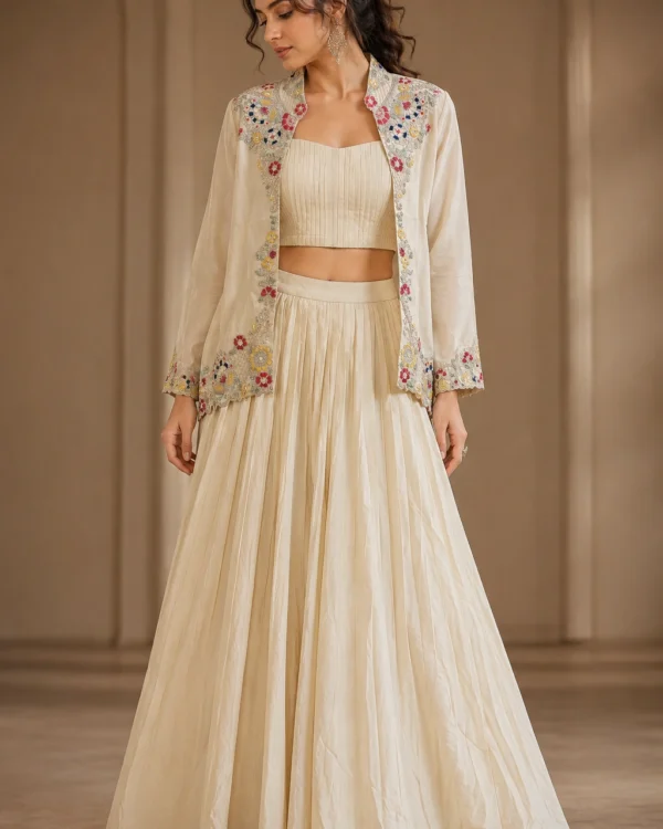 Ivory silk blend with embroidery jacket lehenga set