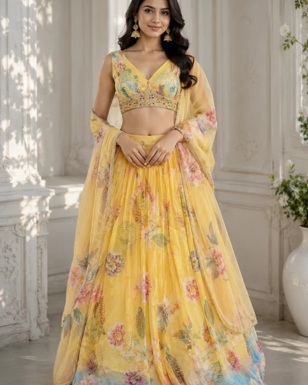 Yellow floral tebby organza lehenga choli with dupatta