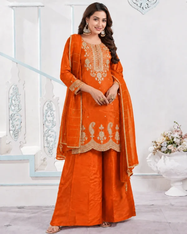 Orange Roman Silk embroidered kurta pant with dupatta