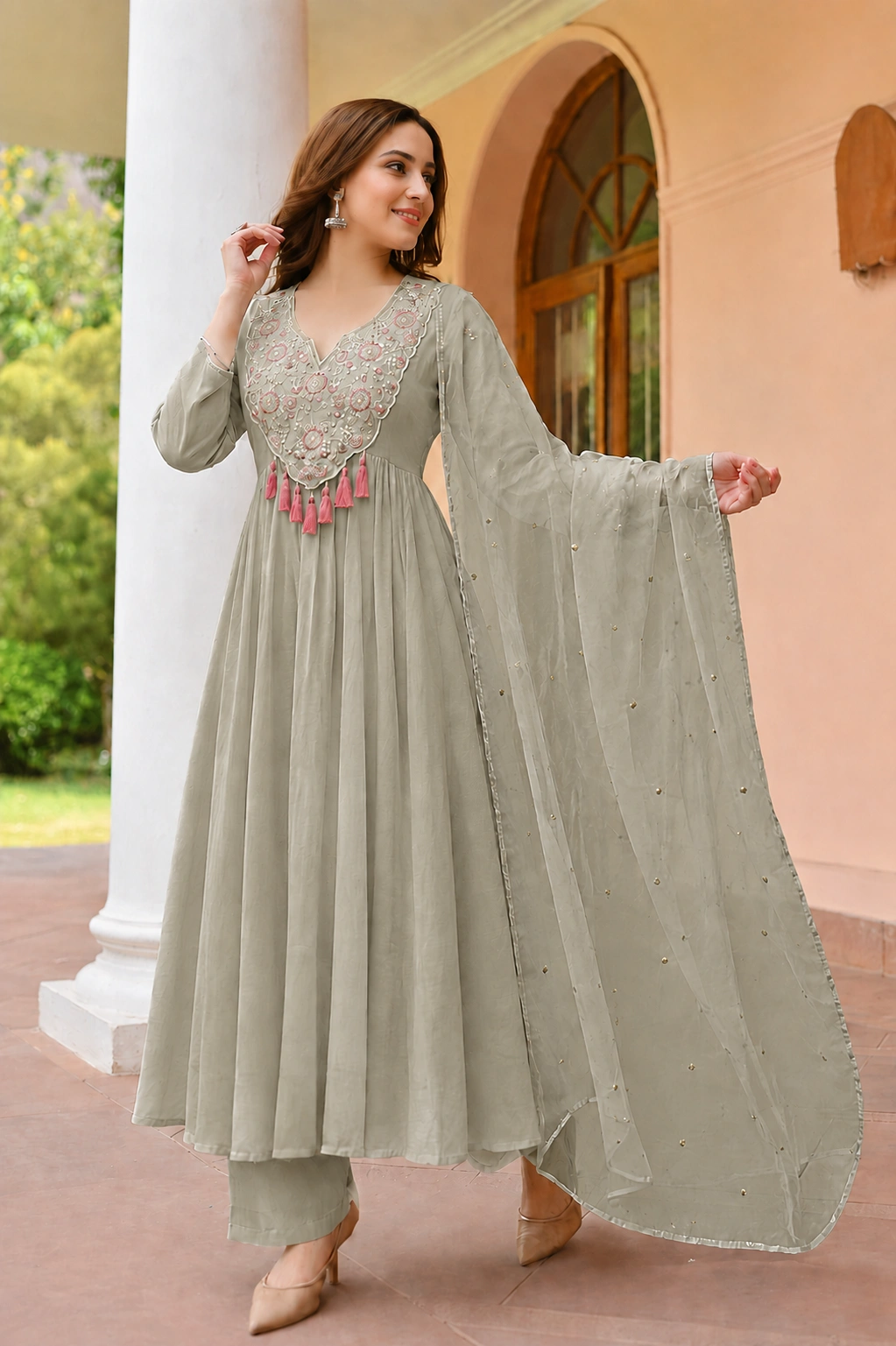 GreenCrunchy with embroidery kurta pant with net dupatta