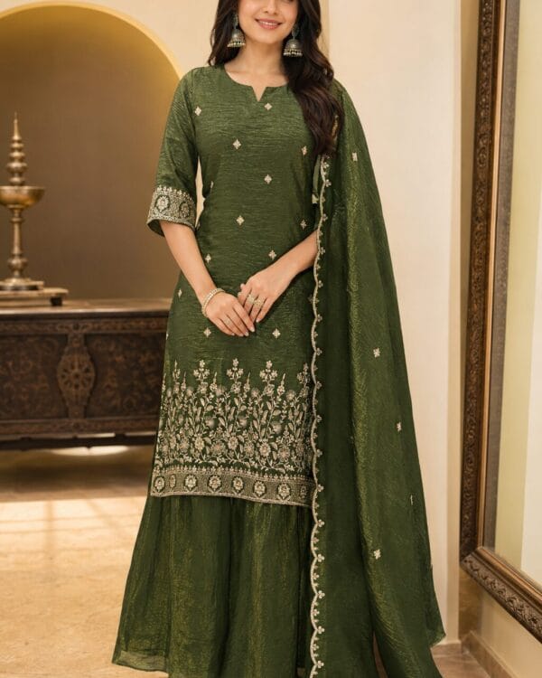Green Silk Blend With Heavy Zari Work Short Kurta and Palazzo Set With Dupatta