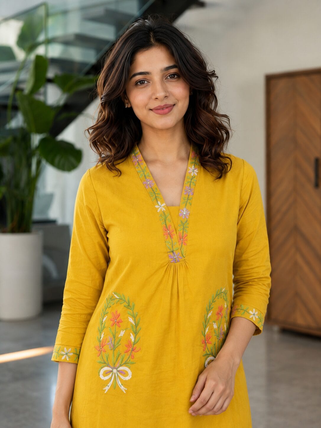Mustard Yellow Cotton Embroidered Kurta With Pant - Image 2