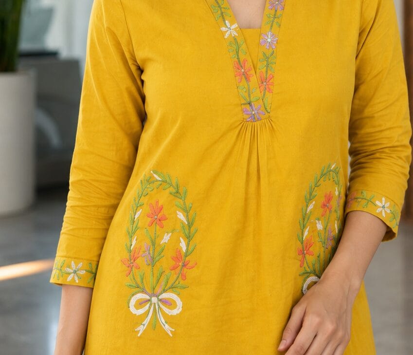 Mustard Yellow Cotton Embroidered Kurta With Pant - Image 3