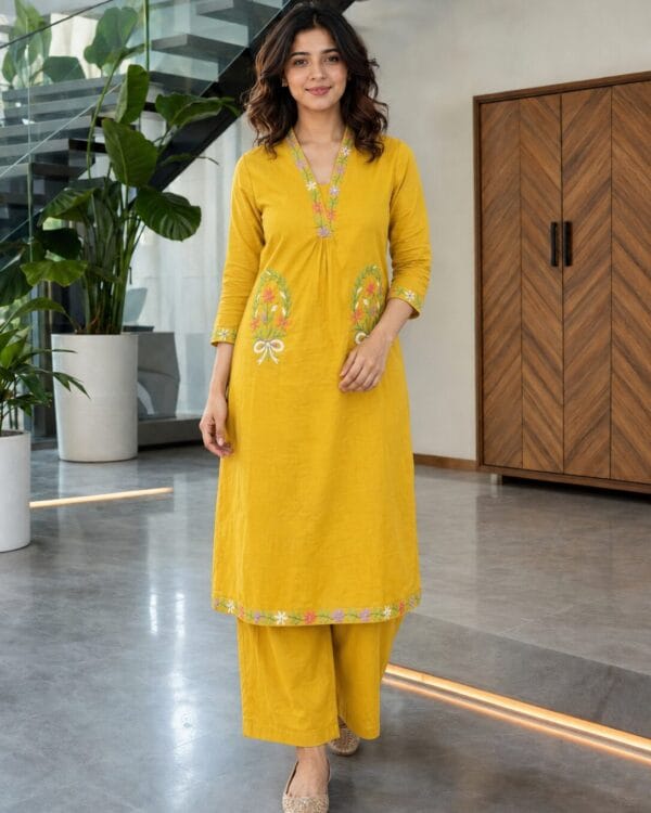 Mustard Yellow Cotton Embroidered Kurta With Pant