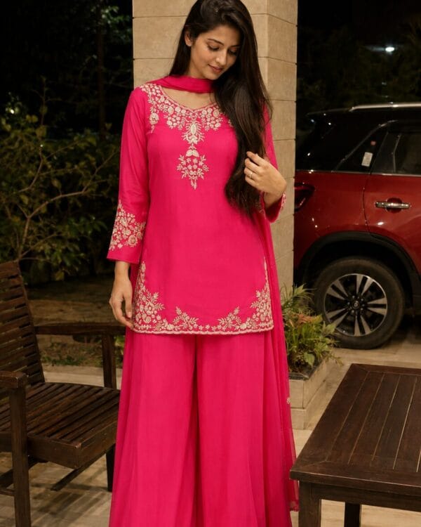Fuschia Pink Shantoon Embroidered Kurta Pant With Dupatta