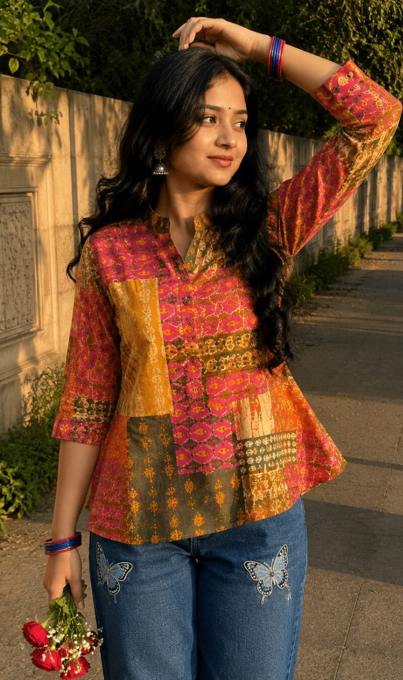 Multicoloured Abstract Printed Cotton Short Kurti - Image 2