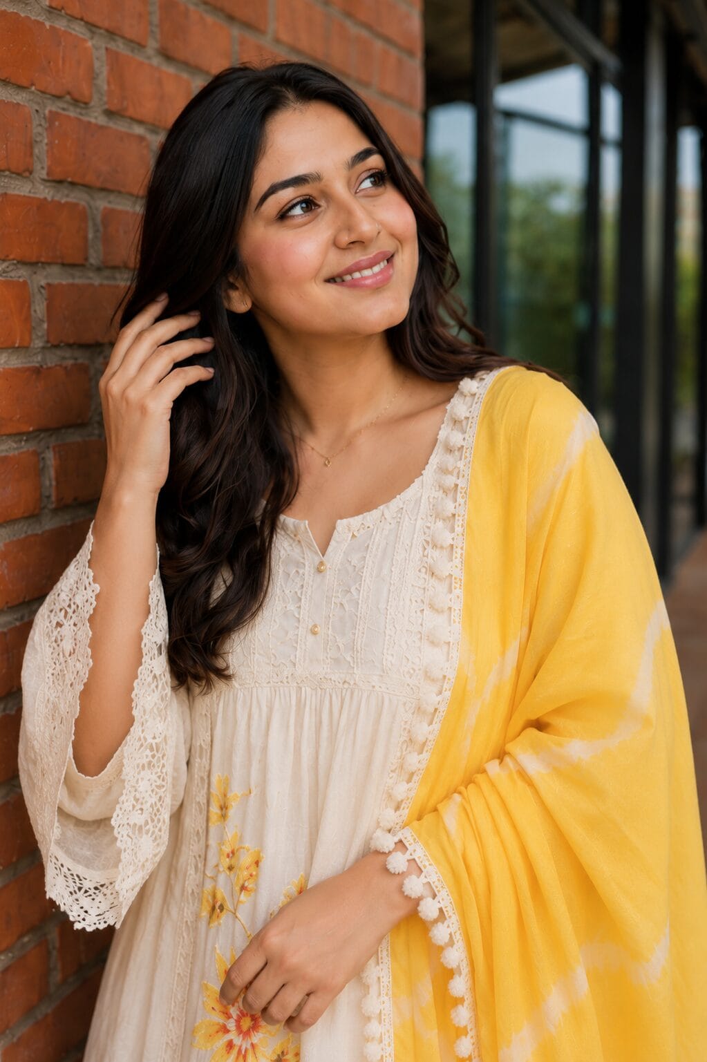 Off-White Cotton Schiffli Kurta Pant With Yellow Dupatta - Image 2