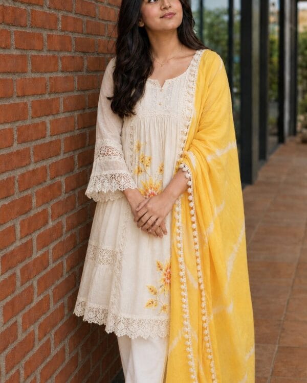 Off-White Cotton Schiffli Kurta Pant With Yellow Dupatta