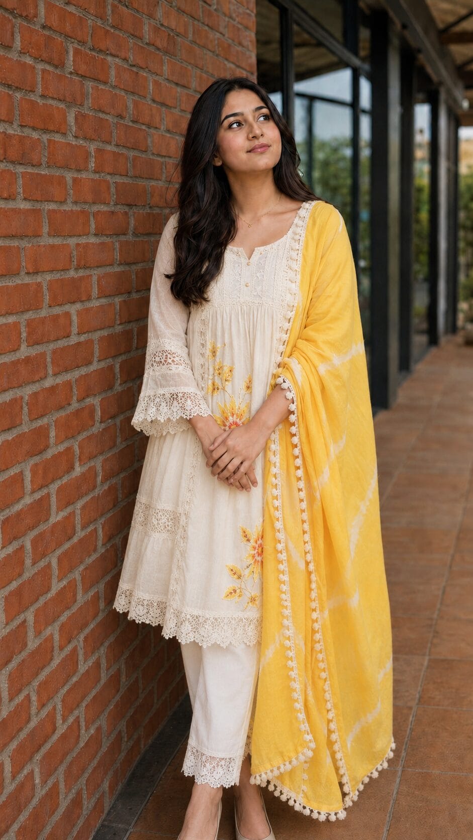 Off-White Cotton Schiffli Kurta Pant With Yellow Dupatta