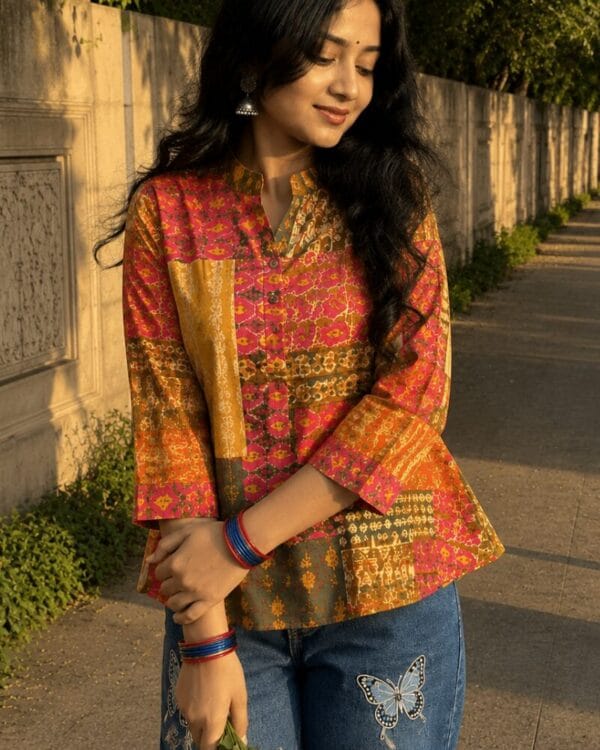 Multicoloured Abstract Printed Cotton Short Kurti