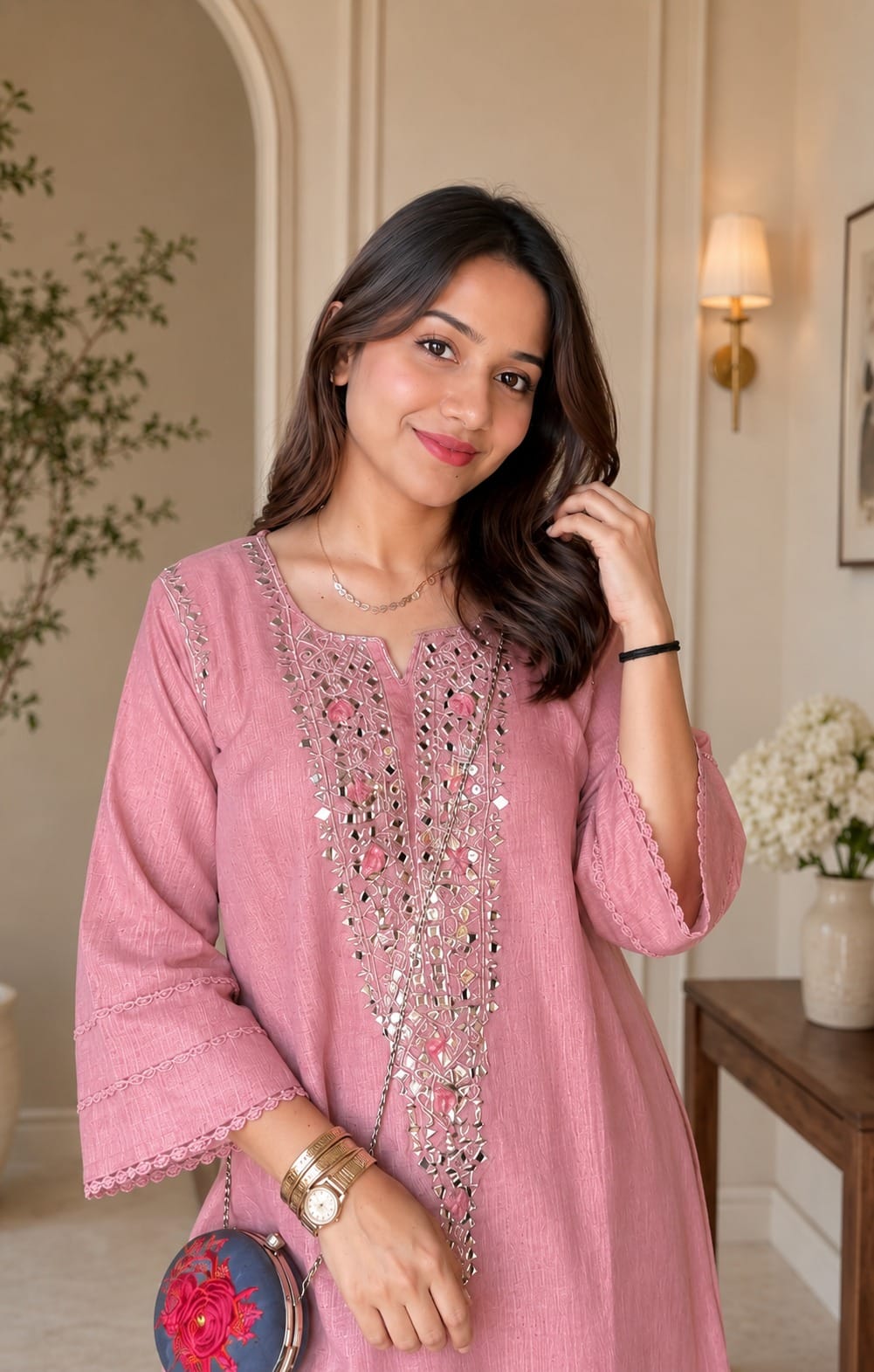 Dusty Pink Cotton Blend Embroidered Kurta With Pant - Image 2