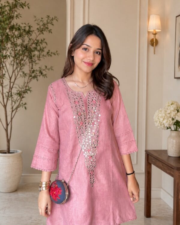 Dusty Pink Cotton Blend Embroidered Kurta With Pant