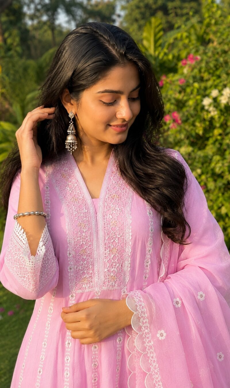 Baby Pink Embroidered Mul Cotton Kurta Pant and Dupatta - Image 2
