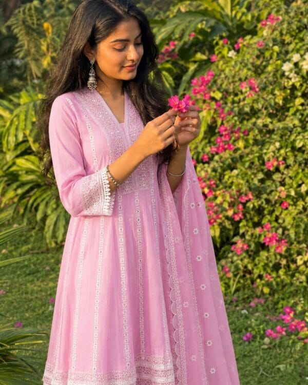 Baby Pink Embroidered Mul Cotton Kurta Pant and Dupatta