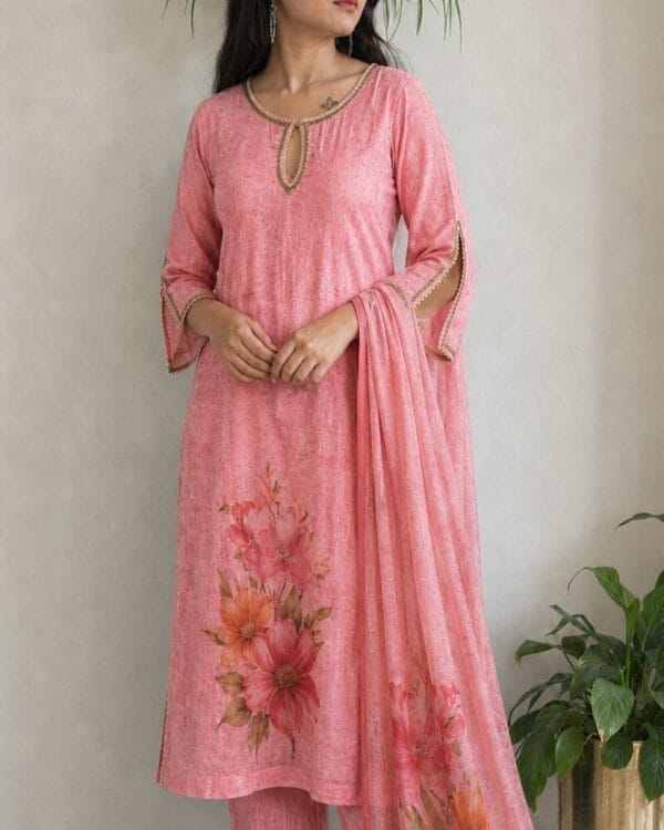 Pink Floral Printed Linen Kurta Pant and Dupatta
