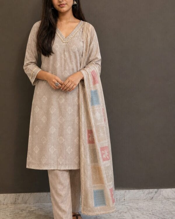 Beige Floral Printed Linen Kurta Pant and Dupatta