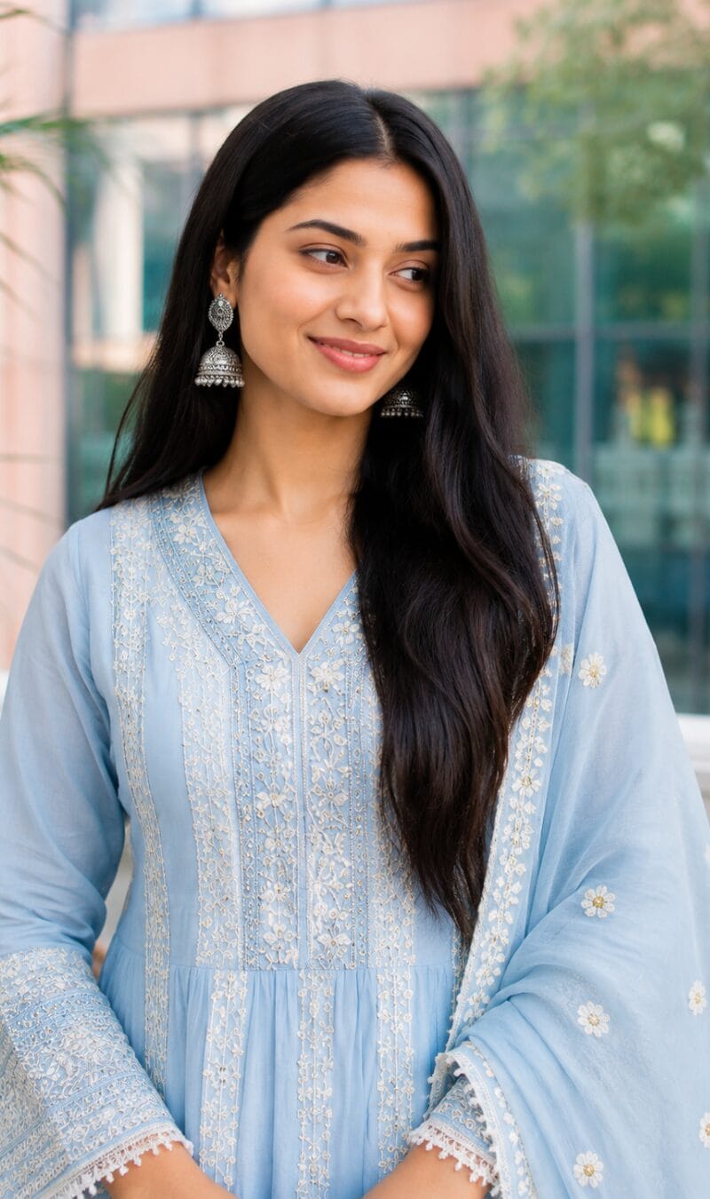 Sky Blue Embroidered Mul Cotton Kurta Pant and Dupatta - Image 2