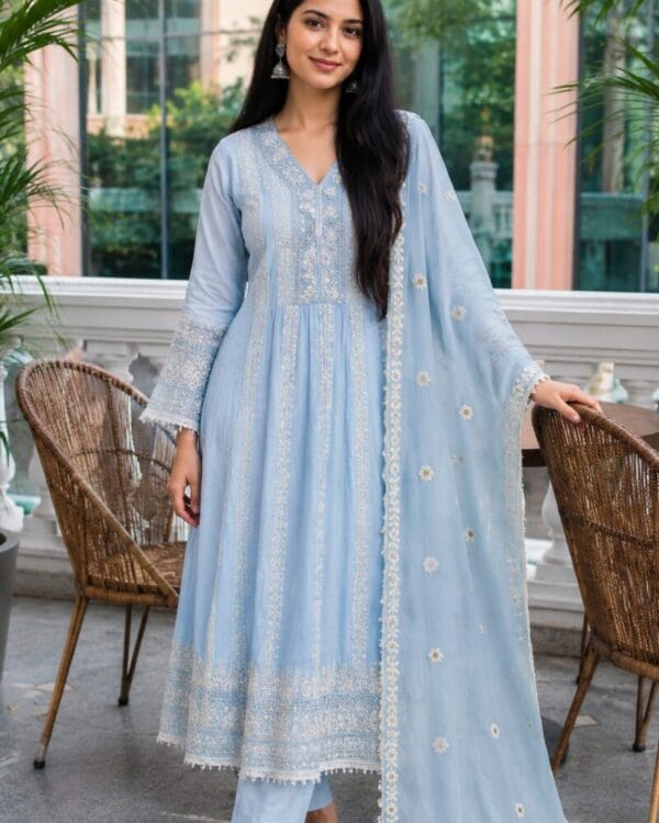 Sky Blue Embroidered Mul Cotton Kurta Pant and Dupatta