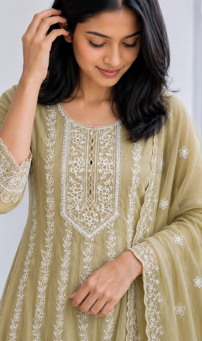 Beige Embroidered Mul Cotton Kurta Pant and Dupatta - Image 2