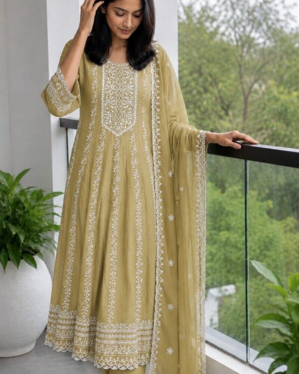 Beige Embroidered Mul Cotton Kurta Pant and Dupatta