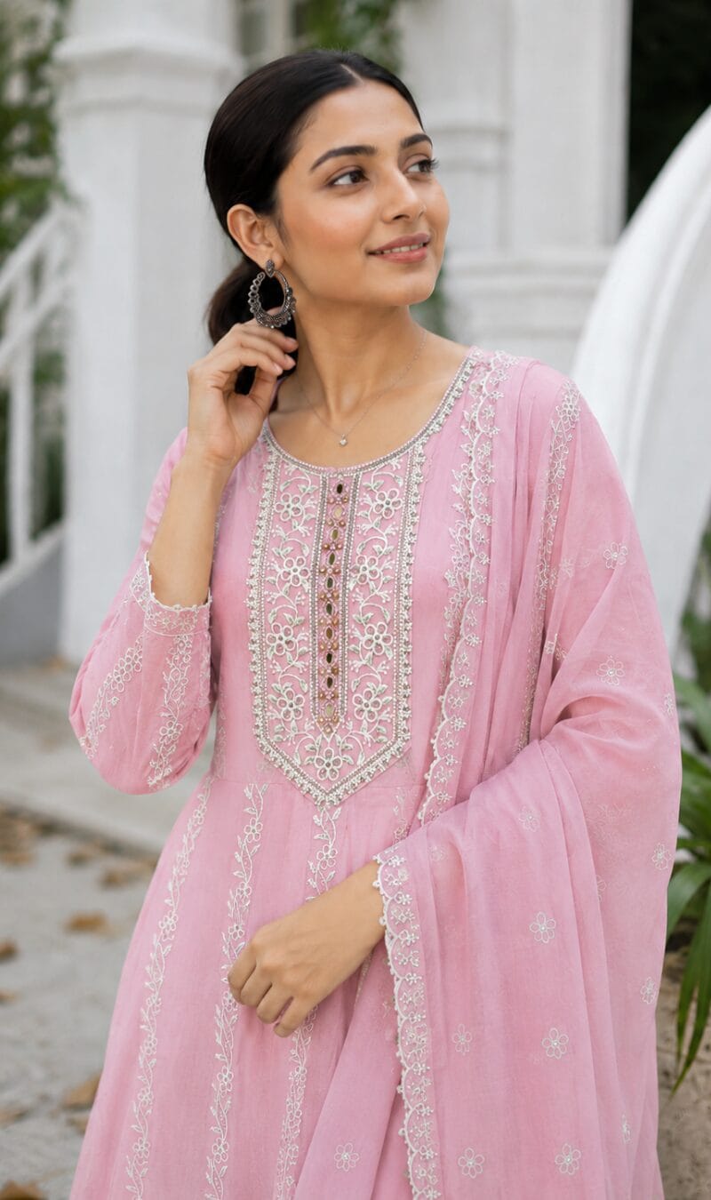 Pink Embroidered Mul Cotton Kurta Pant and Dupatta - Image 2