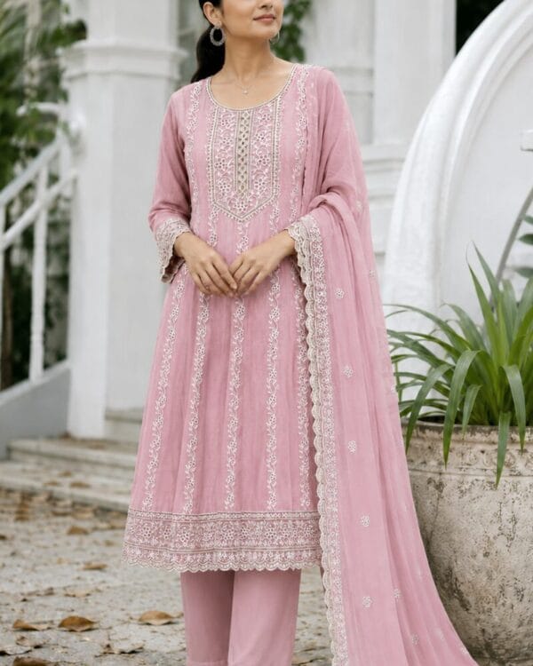Pink Embroidered Mul Cotton Kurta Pant and Dupatta