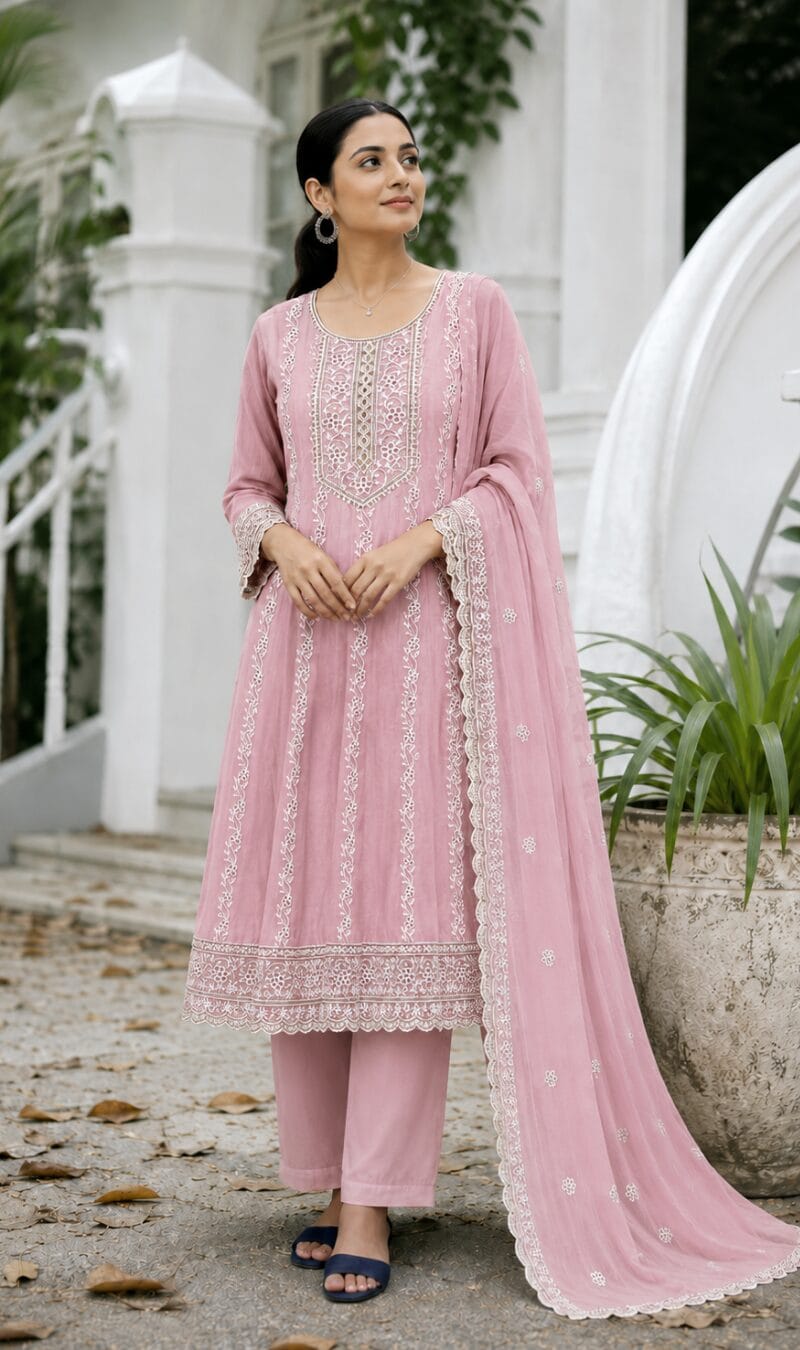 Pink Embroidered Mul Cotton Kurta Pant and Dupatta