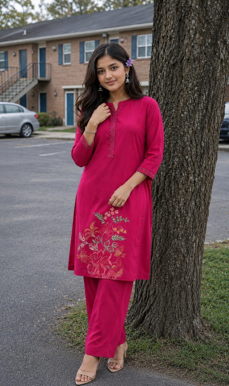 Pink Modal Cotton Embroidered Kurta Pant Set - Image 2