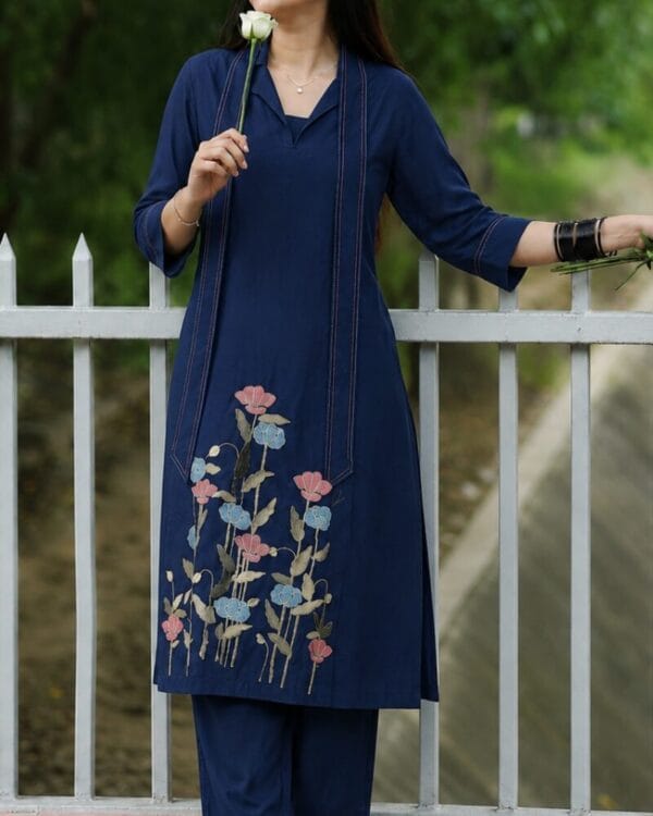 Navy Blue Modal Cotton Embroidered Kurta Pant Set