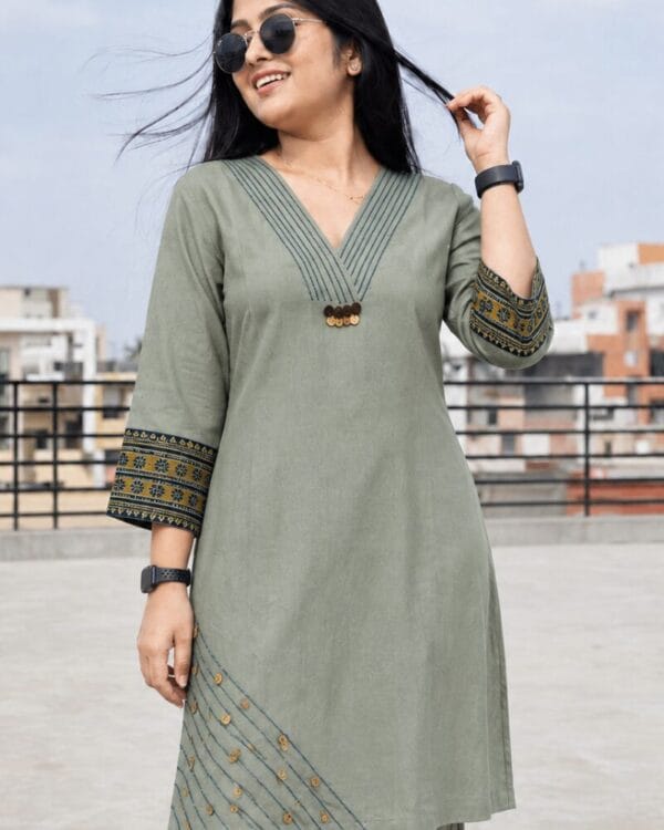 Grey Embroidered Cotton Blend Kurta Pant Set