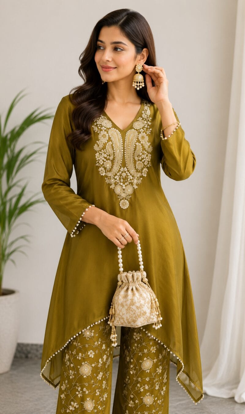 Mustard Embroidered Tissue Fabric Kurta Pant Set - Image 2