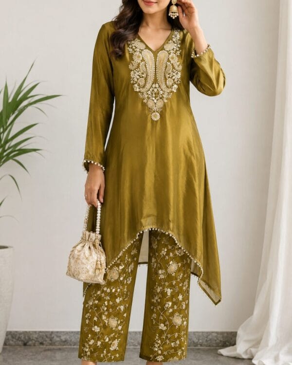 Mustard Embroidered Tissue Fabric Kurta Pant Set