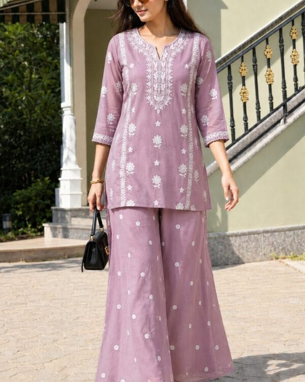 Lilac Mul Chanderi White Thread Embroidered Kurta Pant Set