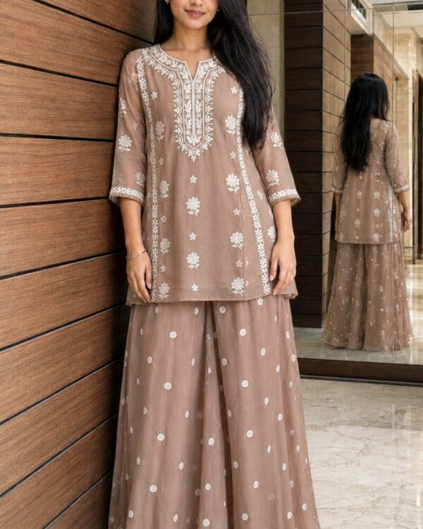 Beige Mul Chanderi White Thread Embroidered Kurta Pant Set