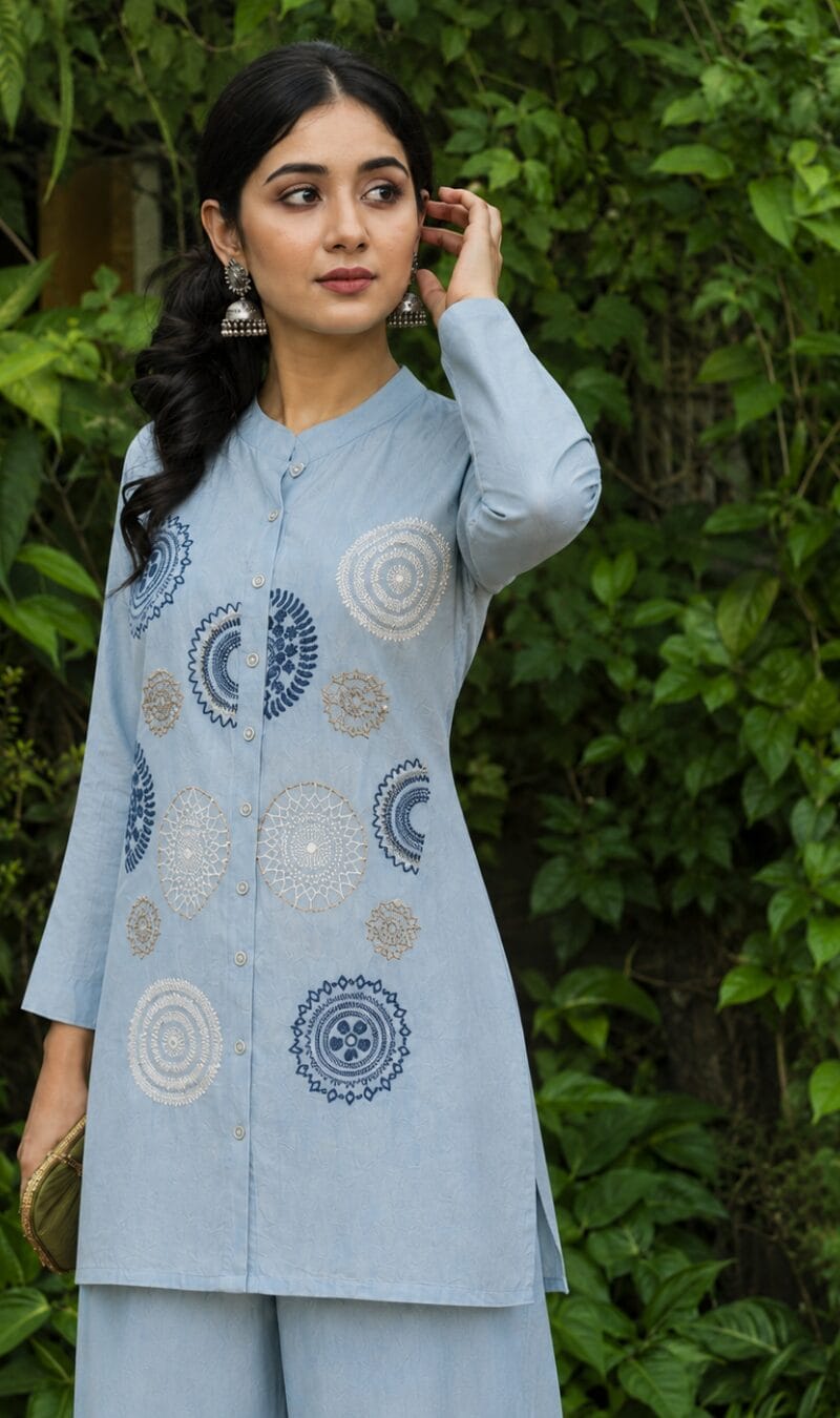 Sky Blue Butter Crepe Embroidered Kurta Pant Set - Image 2