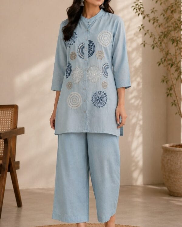 Sky Blue Butter Crepe Embroidered Kurta Pant Set