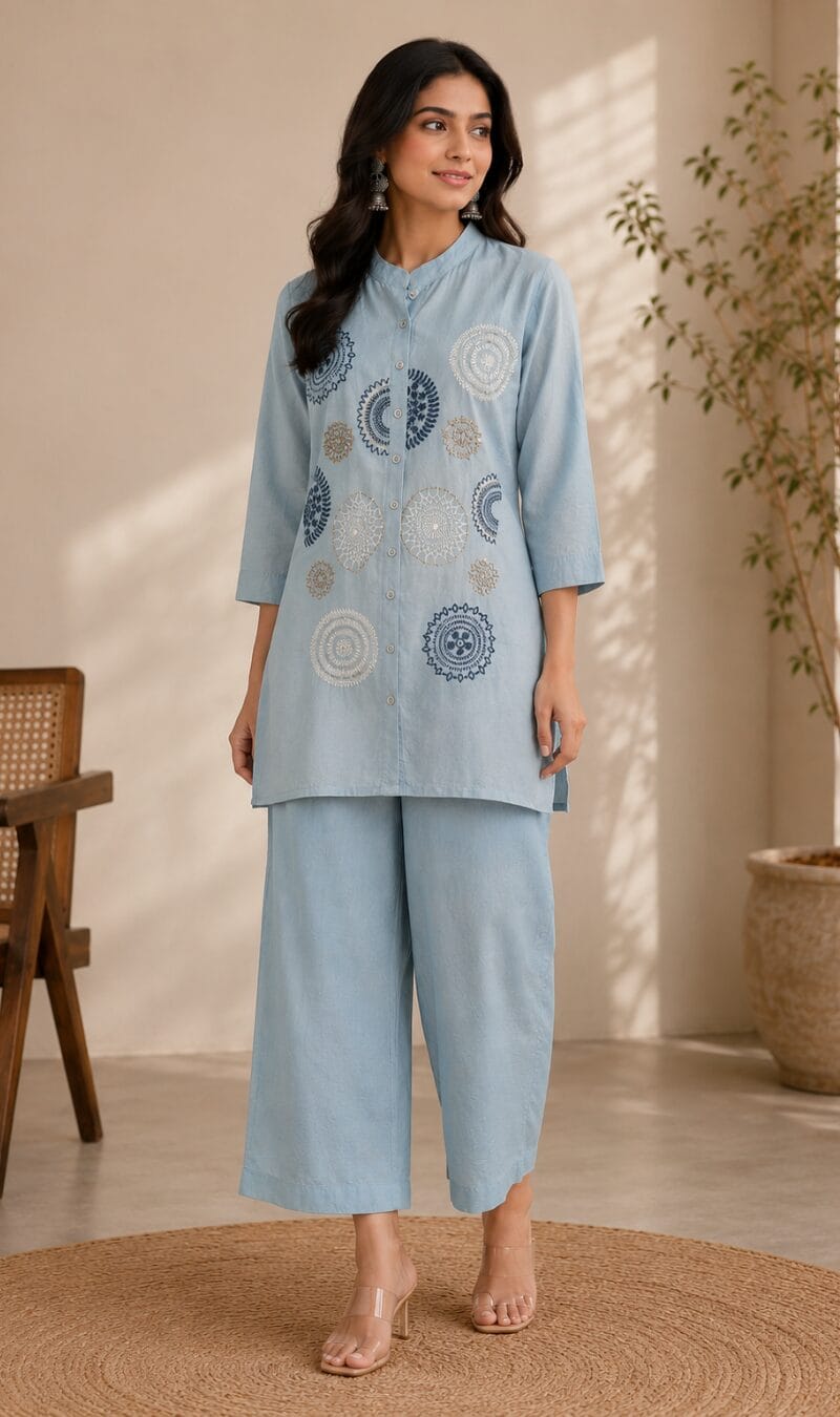 Sky Blue Butter Crepe Embroidered Kurta Pant Set