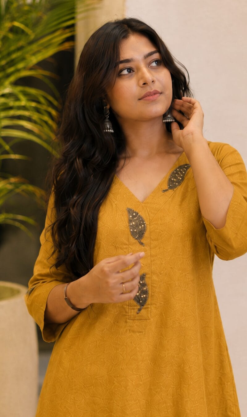 Mustard Embroidered Dola Silk Kurta Pant Set - Image 2
